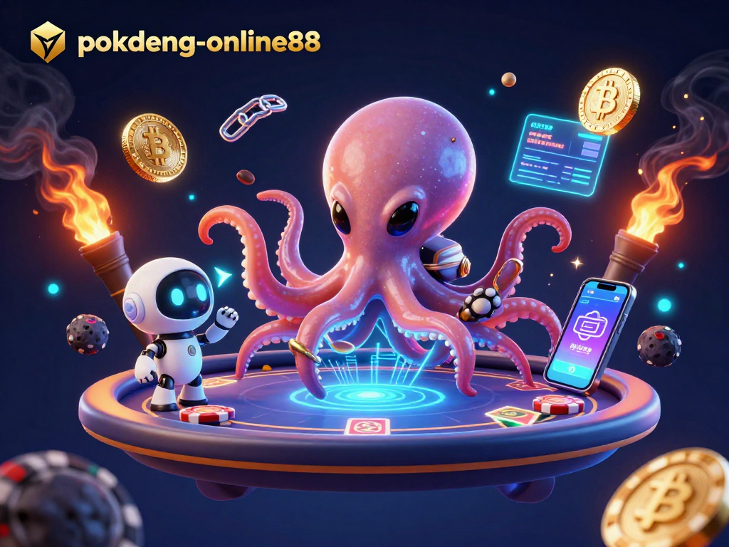Play thrilling poker with the alien octopus at pokdeng-online88, surrounded by holographic crypto elements.