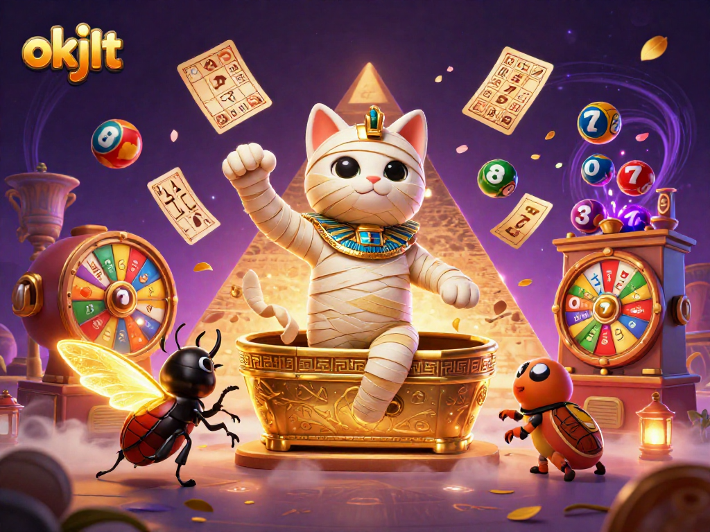 Gambaran slot dan kemenangan melimpah di okjkt melalui mumi Kucing dan serangga scarab yang bersinar.