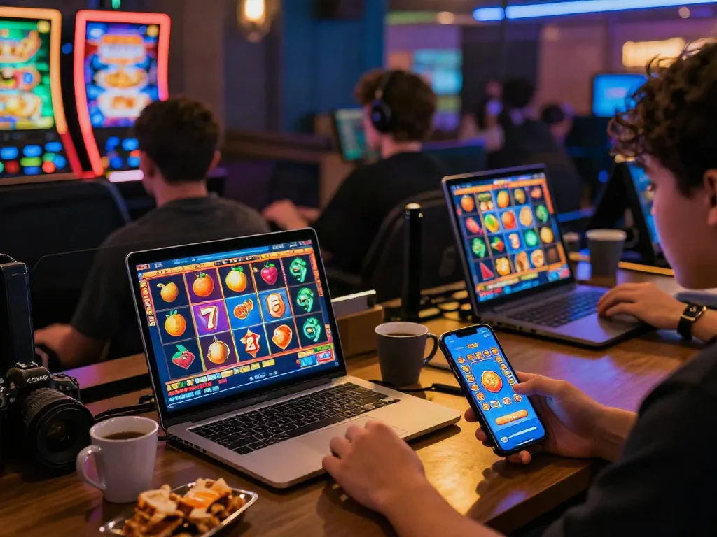 Engaged players enjoying slot resmi games on various devices in a vibrant gaming setup