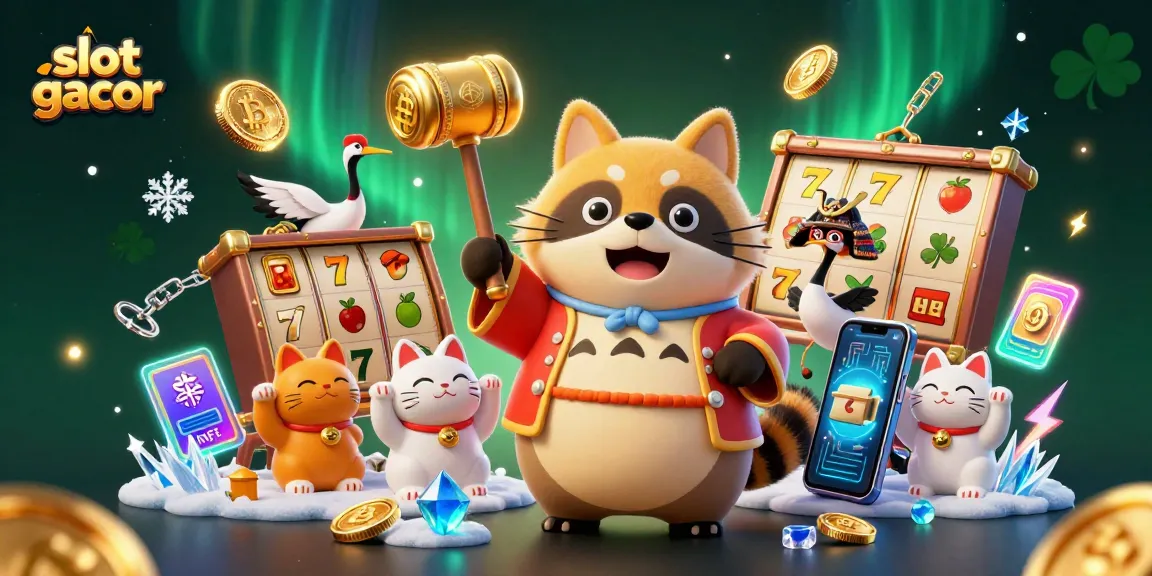 Mainkan slot gacor dengan tanuki ceria dan simbol keberuntungan yang melawan arus dalam suasana kasino yang kaya warna.
