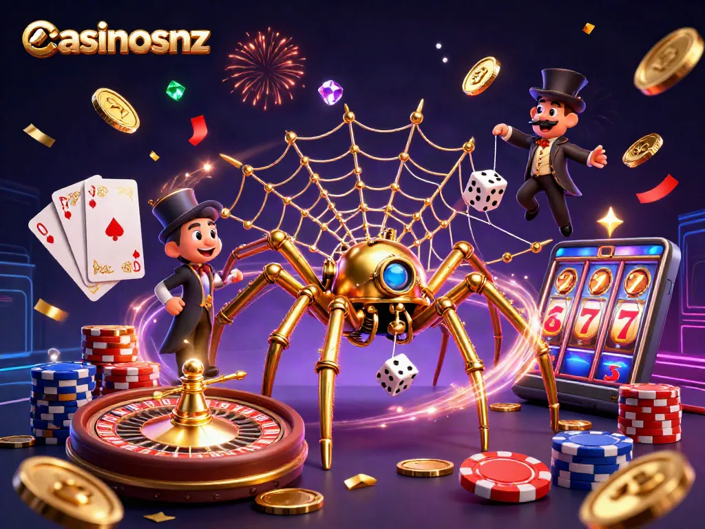 Engage with casinosnz through nostalgic gaming fun featuring a whimsical steampunk spider and flying coins.