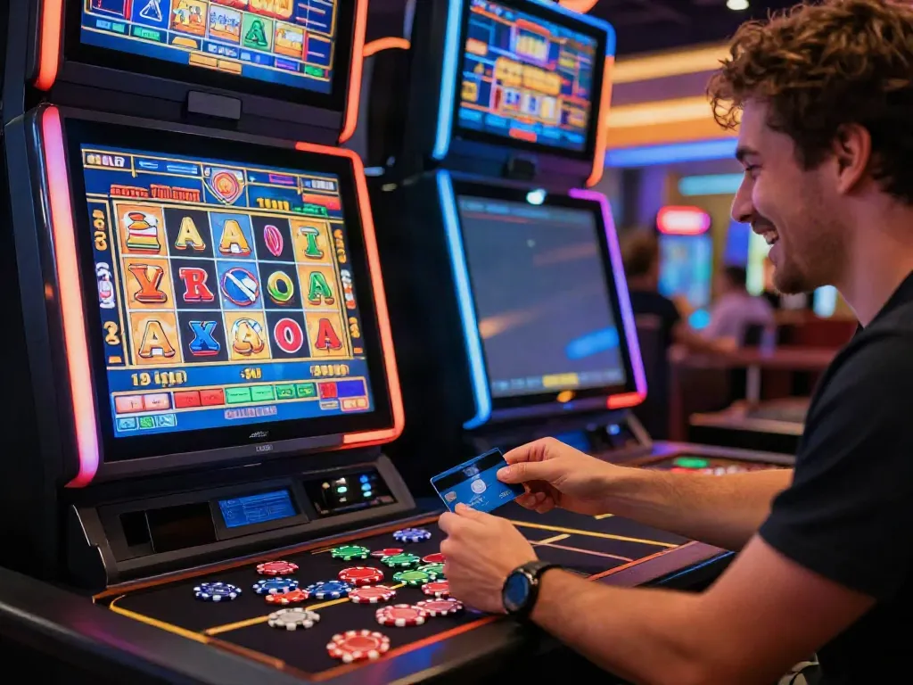 Slots that accept credit cards, featuring an excited player at a vibrant online casino interface.