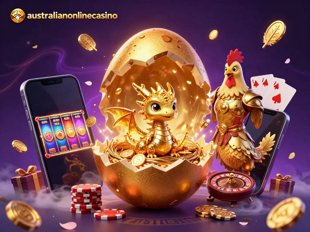 Play exciting games at australianonlinecasino with a golden dragon and poker chips in action.