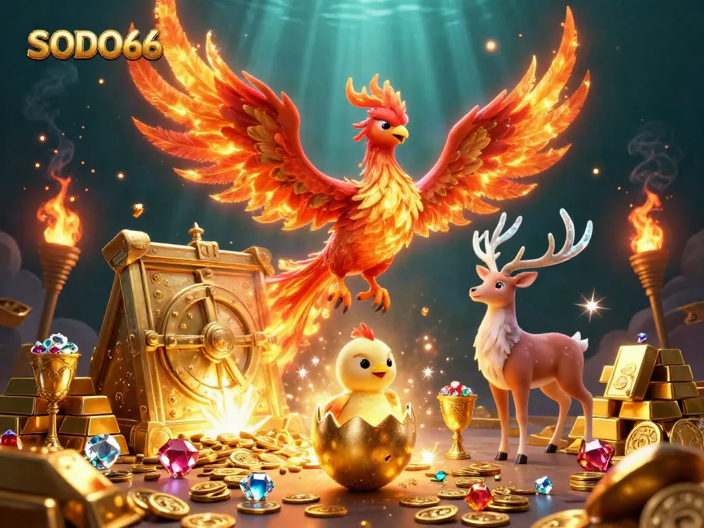 SODO66 engages players with vibrant casino action featuring a phoenix and treasures.