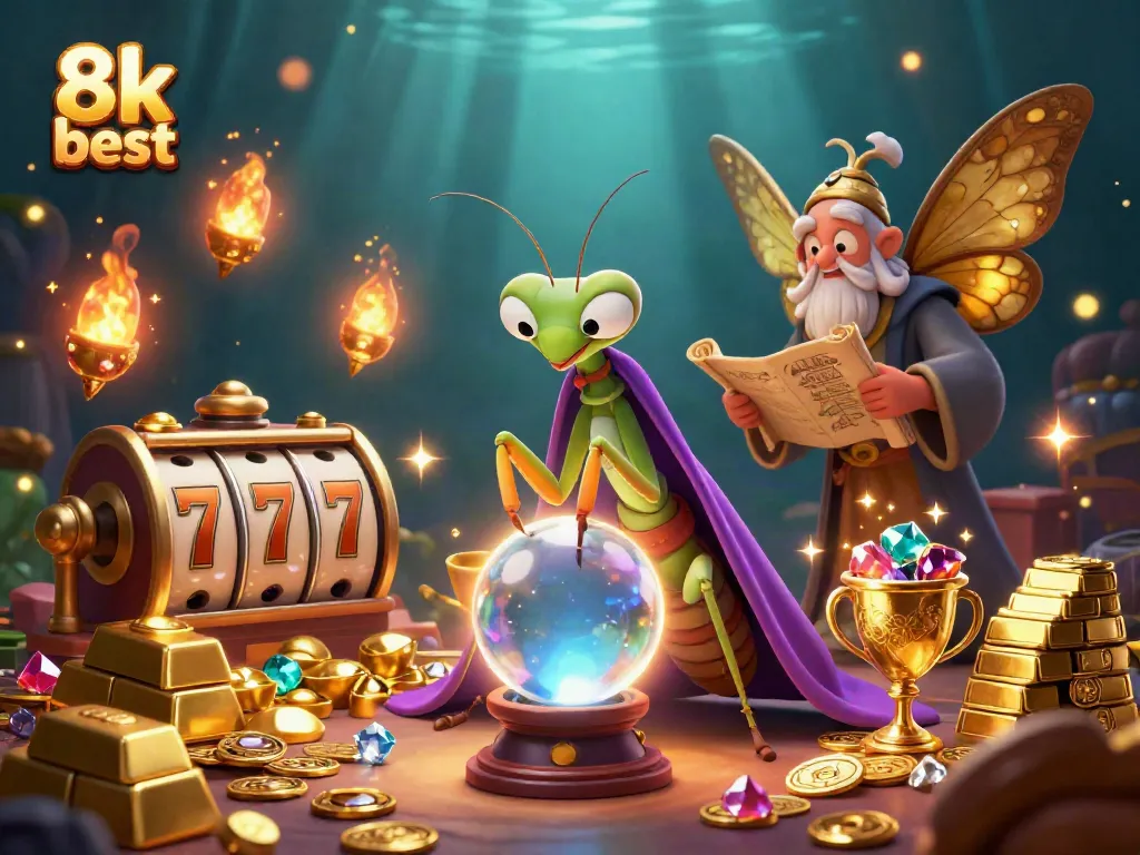 Experience the thrill of winning with 8k best as vibrant slot reels and treasures surround mystical characters.