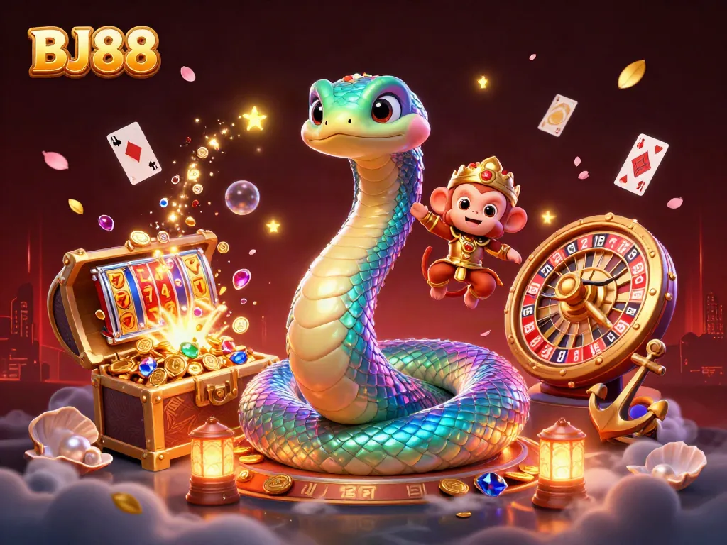 BJ88 offers thrilling gaming experiences with a vibrant casino scene featuring colorful elements and characters.