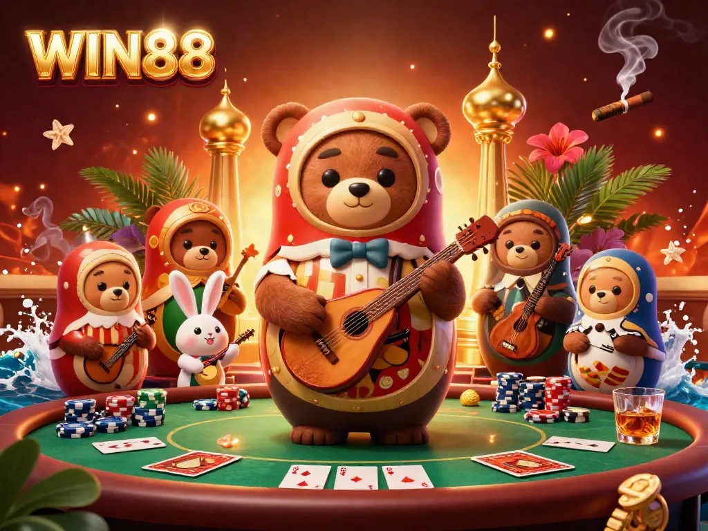 Experience the thrilling excitement at WIN88 with a vibrant 3D casino scene featuring charming cartoon bears and dynamic poker elements.
