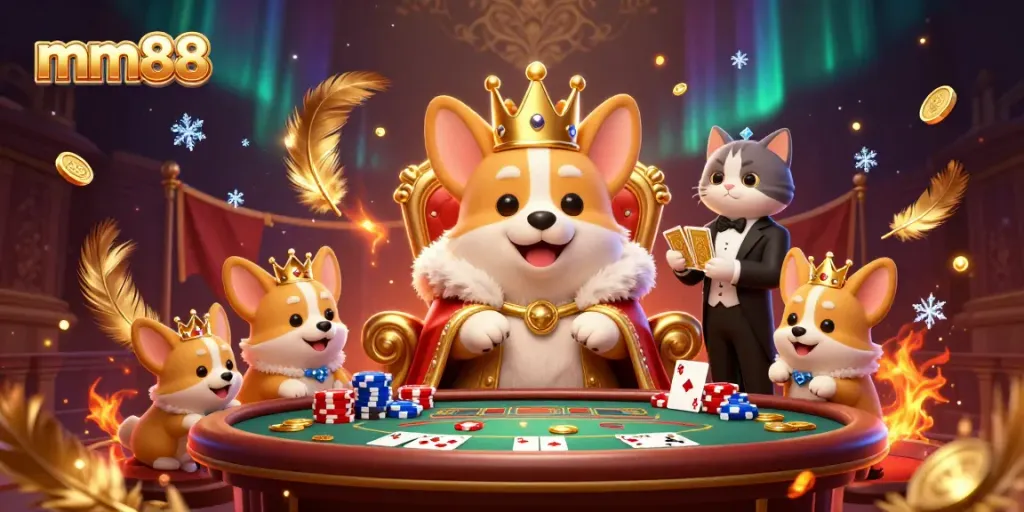 Engage in exciting mm88 casino gameplay with royal corgi characters and festive elements.