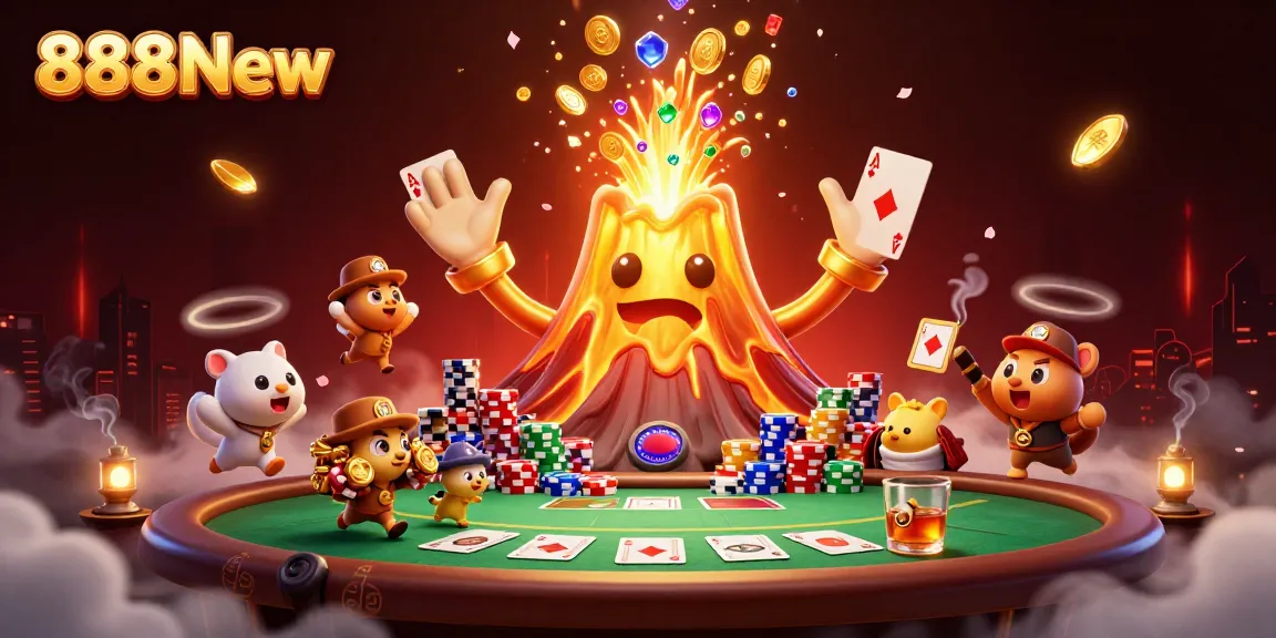 Win big with 888New at a vibrant casino scene featuring a golden volcano and poker elements.