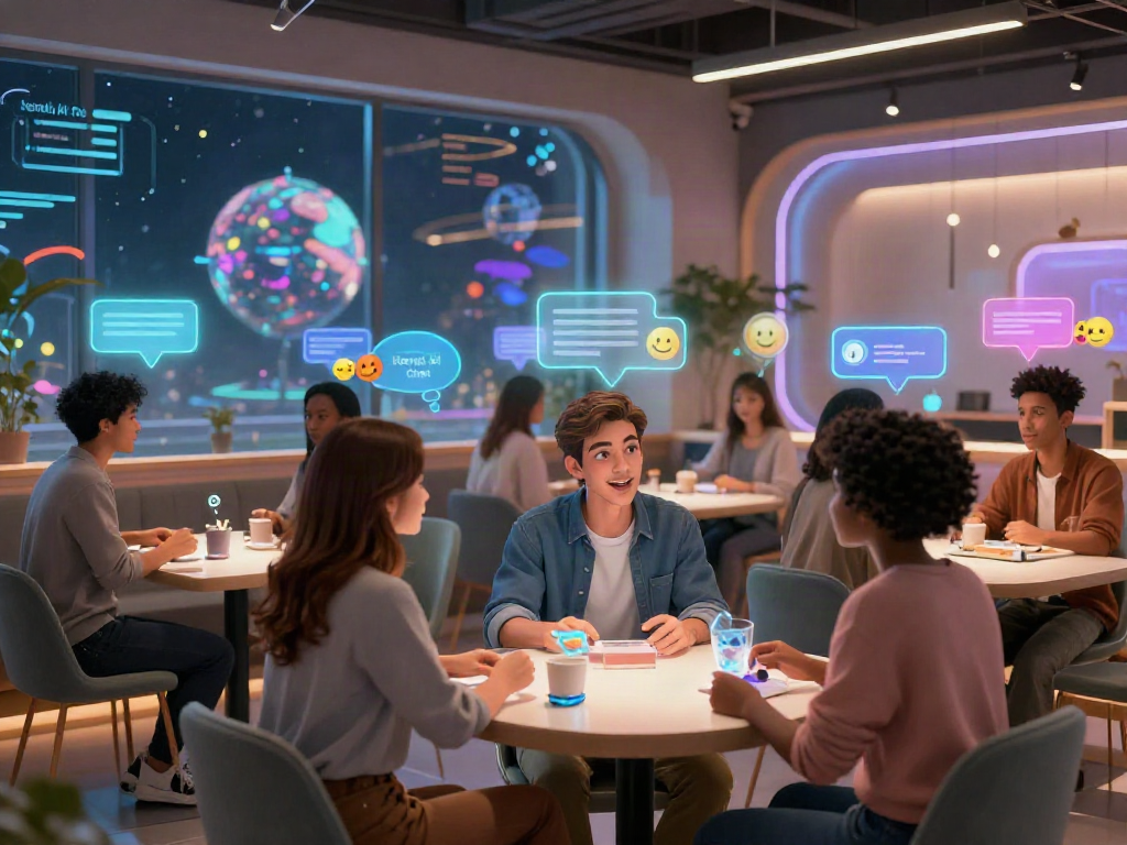 Engaging scene of diverse avatars in a hentai ai chat interaction, showcasing dynamic conversation in a futuristic setting.