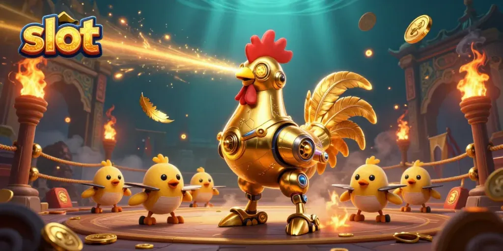 Experience thrilling slot action with a golden rooster robot and baby chick drones in a vibrant casino backdrop.