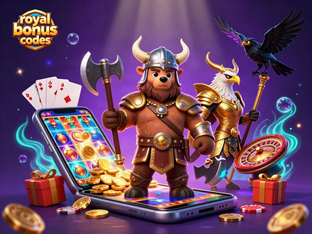 Engage with royal ace bonus codes through this 3D illustration showcasing slots, gold coins, and characters.
