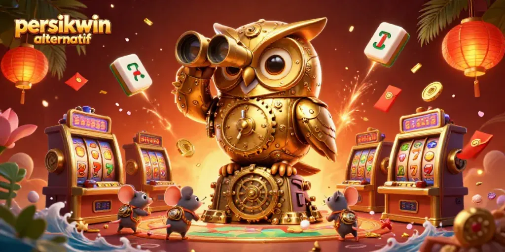 Visualisasi permainan slot dari persikwin alternatif dengan burung hantu emas dan uang koin berkilau