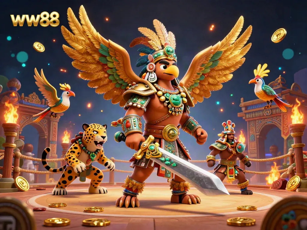 Experience thrilling gameplay at ww88 with a vibrant 3D illustration featuring dynamic characters and rich casino elements.