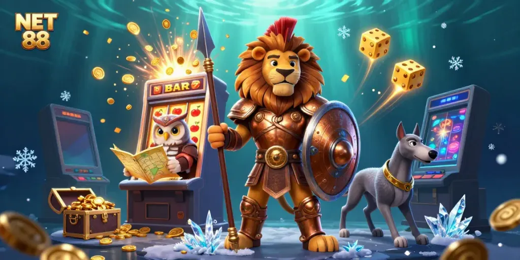 Experience thrills at NET 88 with a 3D cartoon Spartan lion, jackpot slot, and casino games.