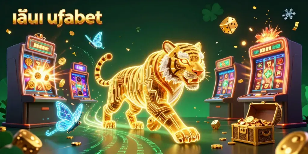 Experience thrilling gameplay with เล่น ufabet as a neon tiger illuminates a vibrant digital casino world.