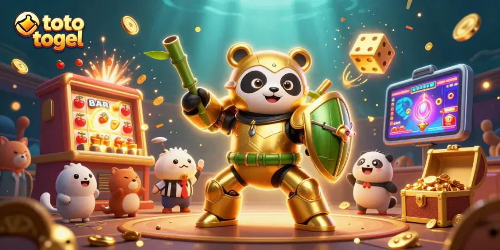 Menyaksikan toto togel dalam ilustrasi 3D yang menampilkan panda emas dan elemen kasino menarik.