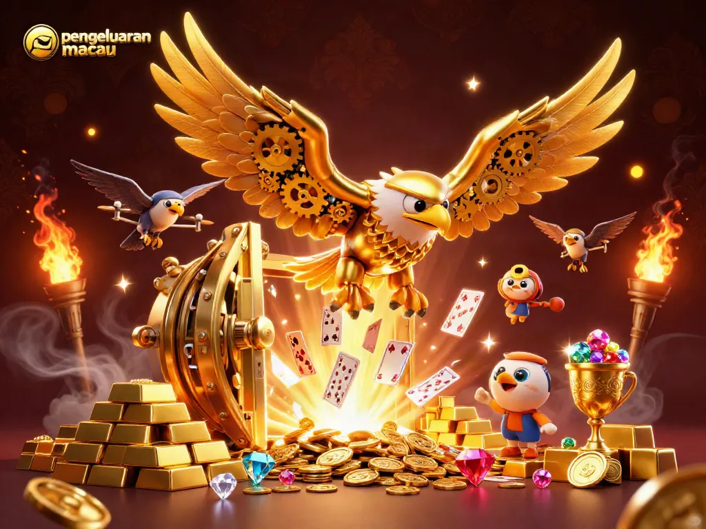 Experience the thrill of pengeluaran macau with a dynamic 3D casino scene featuring a golden eagle and holographic cards.