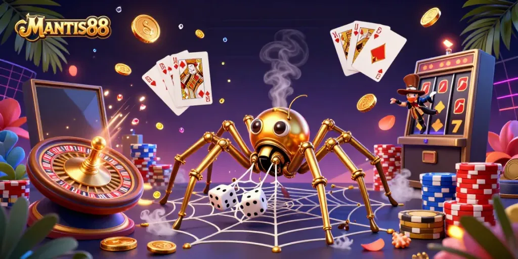 MANTIS88 captures the thrill of casino gaming with a steampunk spider weaving golden webs of luck.