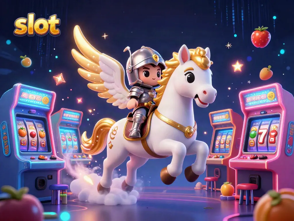 Experience thrilling slot action with a celestial horse and knight in a vibrant casino scene.