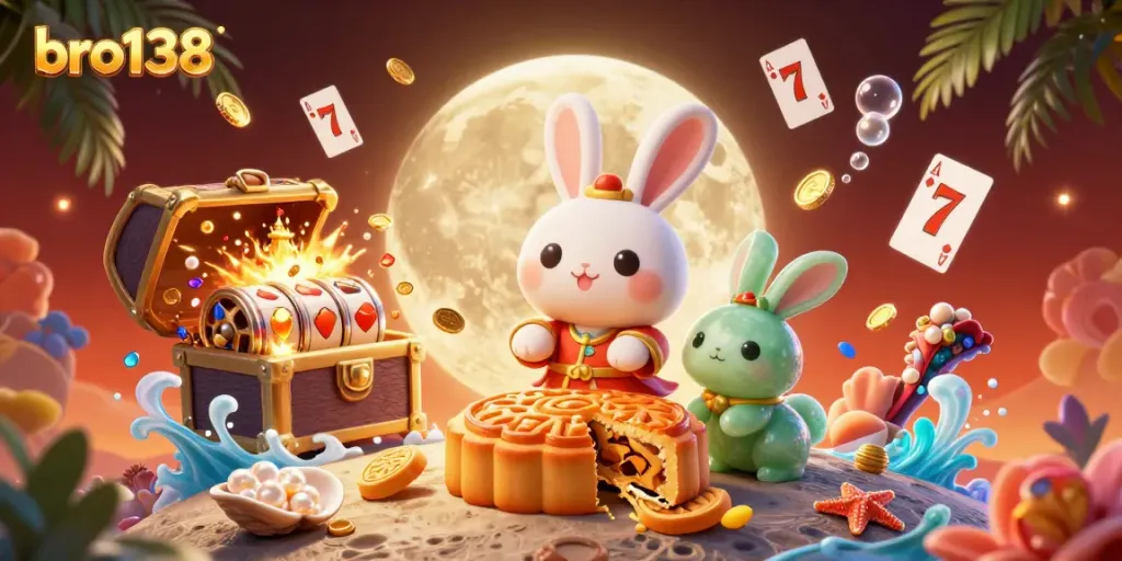 Experience gaming excitement as Bro138's moon rabbit reveals poker chips in a dynamic lunar casino scene.
