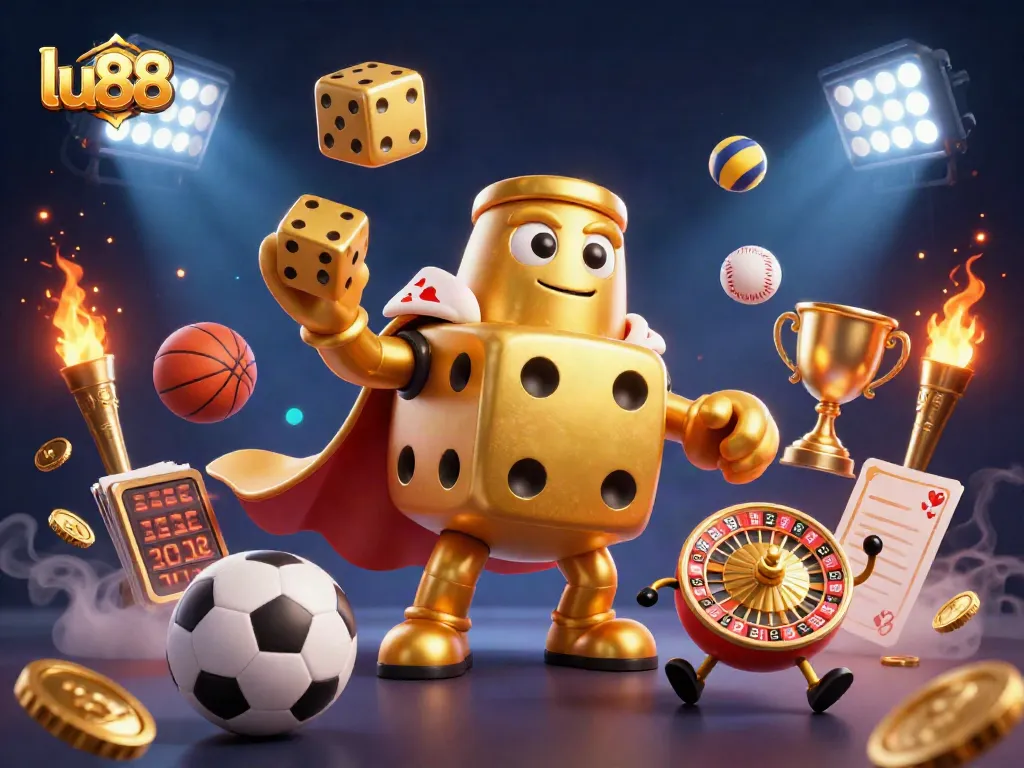 Engage with lu88's thrilling betting experience and golden casino ambiance in this dynamic digital illustration.