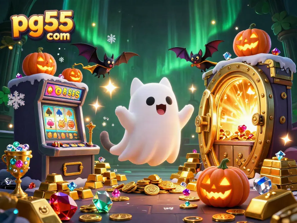 Experience exciting thrills at pg55 com with cartoon ghost cat and magical winnings!