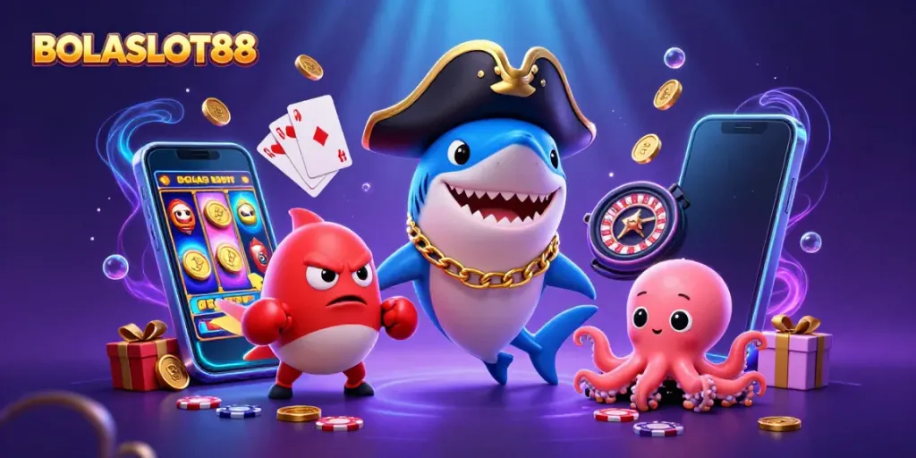 BOLASLOT88 showcases an energetic scene with a pirate shark, a boxing pufferfish, and an octopus amidst gaming elements, embodying thrilling online fun.