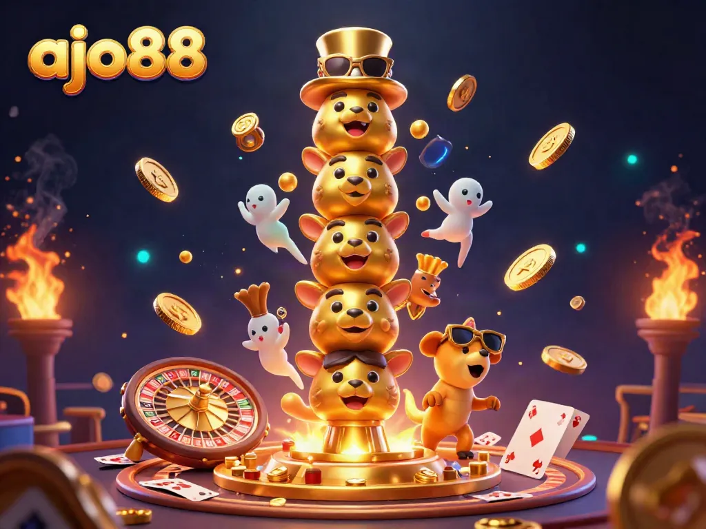 AJO88 menghidupkan pengalaman permainan kasino dengan ilustrasi totem emas dan elemen permainan yang menarik.