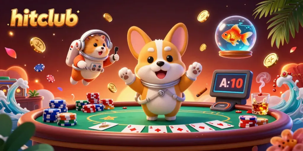 hitclub gamers experience fun at a casino in this vibrant 3D illustration featuring quirky characters.