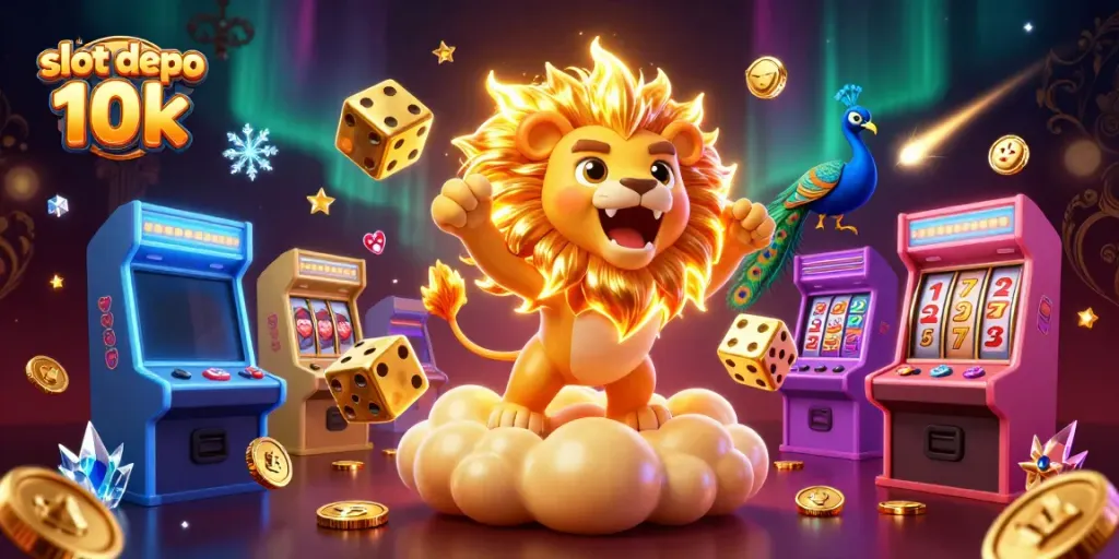 Experience the excitement of slot depo 10k in this vivid 3D casino illustration filled with vibrant gaming elements.