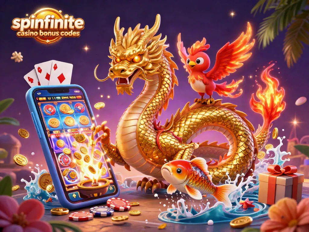 Spinfinite casino bonus codes illustrated with a golden dragon, phoenix, and koi fish creating dynamic gaming energy.