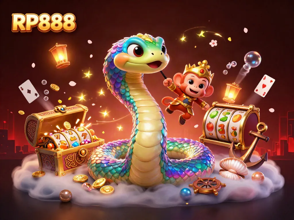 Experience the excitement of RP888 with a vibrant illustration featuring mythical elements and casino symbols.
