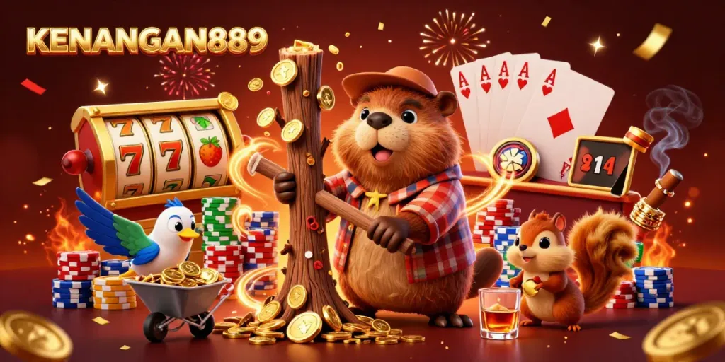 Join KENANGAN889 as playful characters gamble for golden coins in an engaging casino scene.