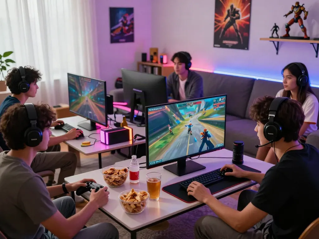 Exciting gaming session with friends focused on multiplayer action in a modern living room, reflecting the peh888 gaming lifestyle.