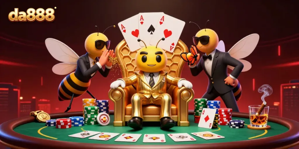 Join the da888 buzz with our bumblebee mob boss commanding a thrilling poker face-off amidst vibrant casino elements.